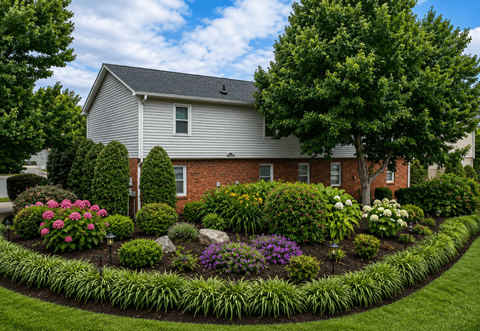 A house with a grey roof and a flower bed in front.
