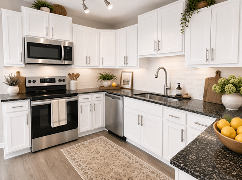 A modern kitchen with white cabinets and black countertops.