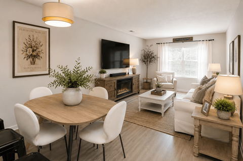 A living room with a white couch, a wooden table, and a television.