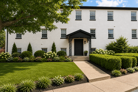 A white building with a black door and windows surrounded by greenery.