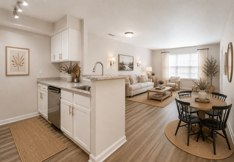 A modern kitchen with white cabinets and a dining table set for four.