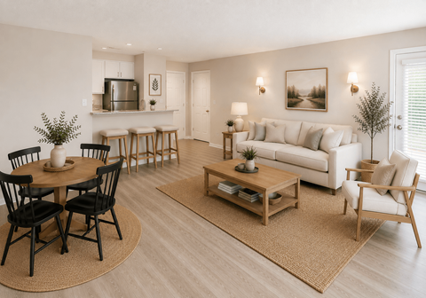 A living room with a sofa, chairs, and a coffee table.