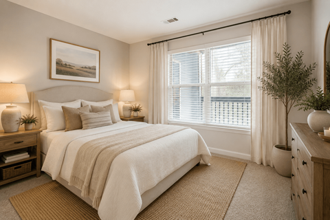 A bedroom with a large bed and a painting on the wall.