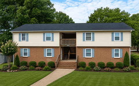 A two-story house with a front porch and a well-maintained lawn.
