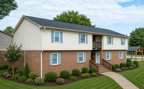 A two-story house with a front porch and a small garden.