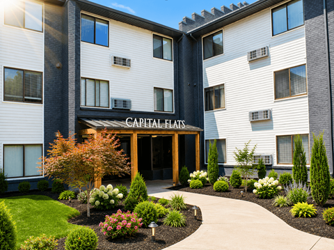 The front of the Capital Flats building is shown with a landscaped garden in the foreground.