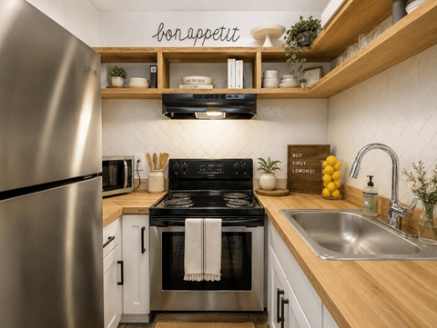 A modern kitchen with a stainless steel refrigerator and a black stove top.