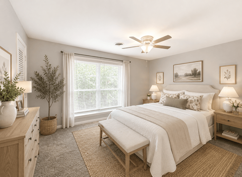 A bedroom with a bed, nightstand, and window.
