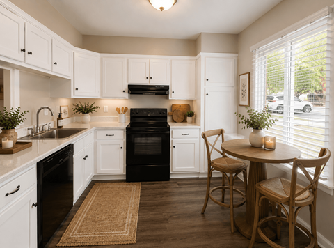 A kitchen with white cabinets and black appliances.