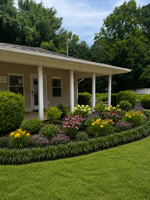 A small white building with a porch and a flower bed in front.