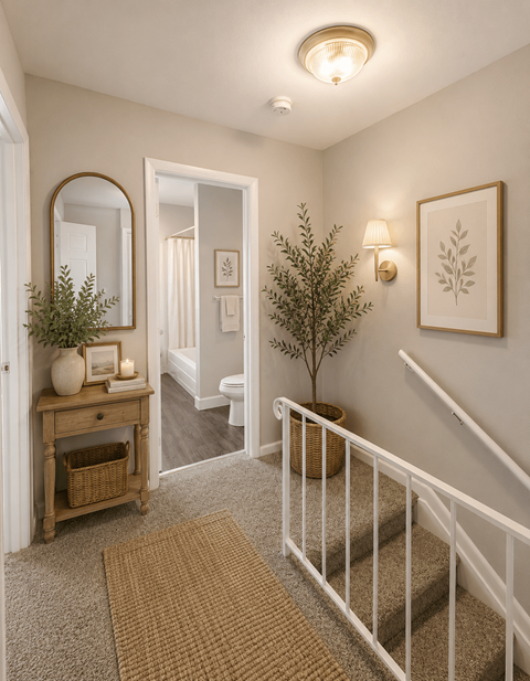 A hallway with a staircase, a mirror, a potted plant, and a basket on the floor.