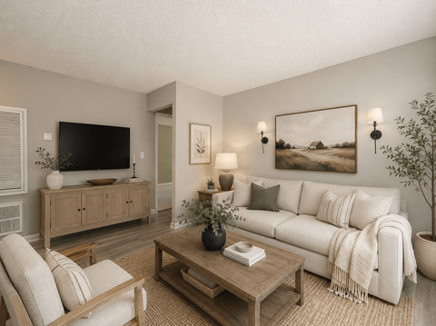 A living room with a white couch, a wooden coffee table, and a painting on the wall.