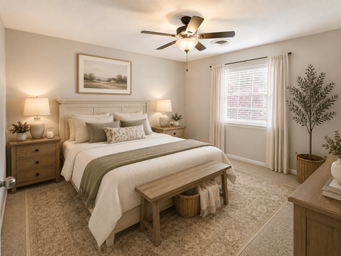 A bedroom with a large bed, a ceiling fan, and a painting on the wall.