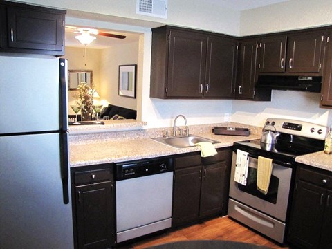 a kitchen with stainless steel appliances and black cabinets