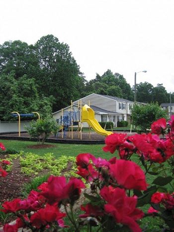 a yellow slide in a park with red flowers at Colony Townhomes, Raleigh, 27609