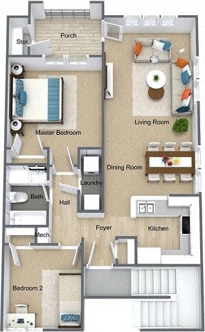2 Bed 1 Bath Floor Plan at Willow Bend Apartments, North Carolina, 27707