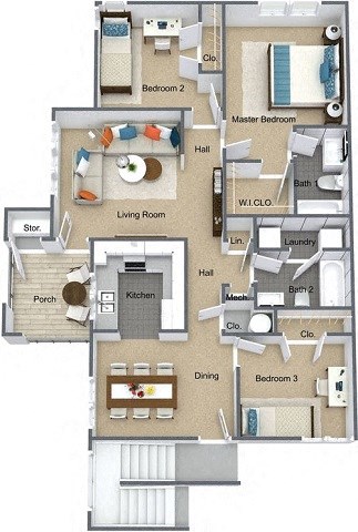 3 Bed 2 Bath Floor Plan at Willow Bend Apartments, Durham, NC, 27707