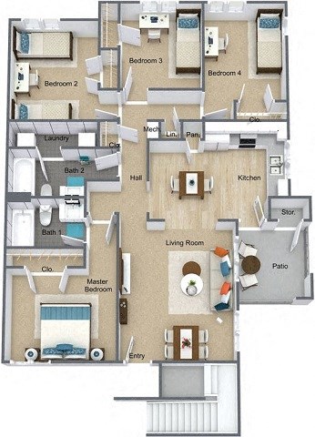 4 Bed 2 Bath Floor Plan at Willow Bend Apartments, Durham, NC