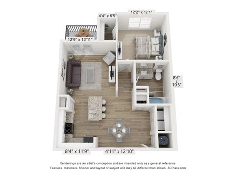 1 Bed 1 Bath Floor Plan at Evolve at Parkway Apartment Homes, Concord, 28027