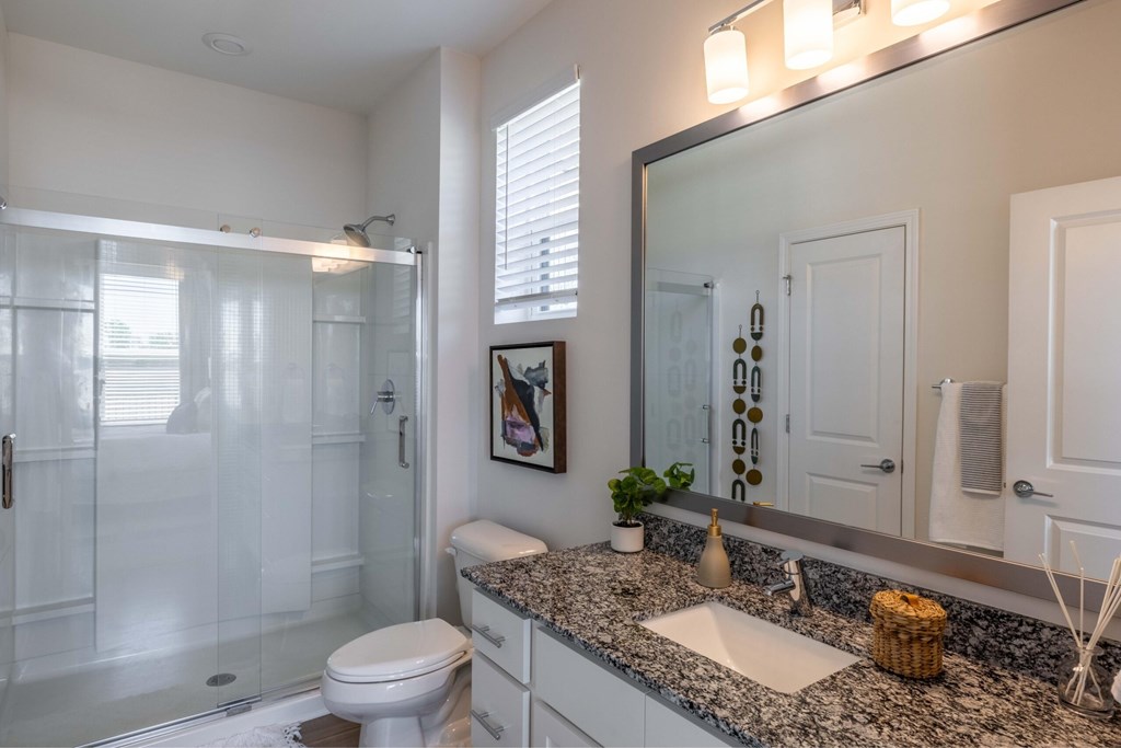 A bathroom with a white toilet, a sink, a mirror, and a shower with a glass door.at Evolve at Parkway Apartment Homes, Concord North Carolina