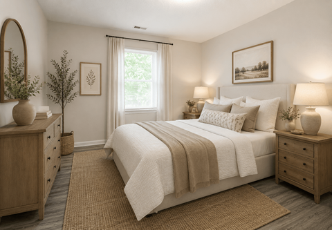 A bedroom with a large bed, two nightstands, and a window with curtains.