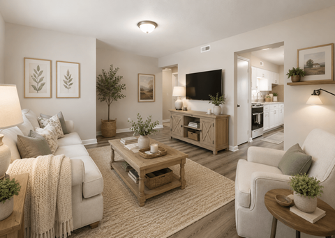 A living room with a white couch, a wooden coffee table, and a flat-screen TV mounted on the wall.