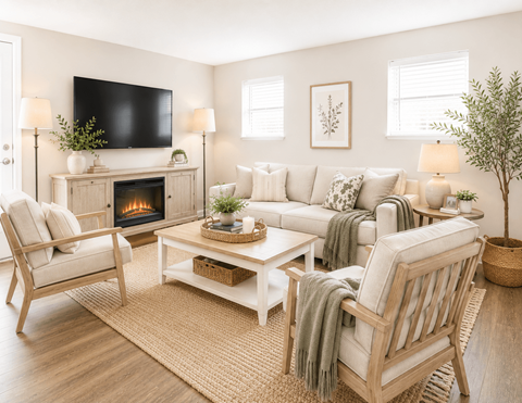 A living room with a fireplace, a couch, a chair, and a television.