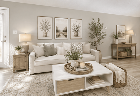 A living room with a white couch, a coffee table, and a side table with a lamp.