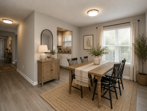 A dining room with a wooden table and chairs.