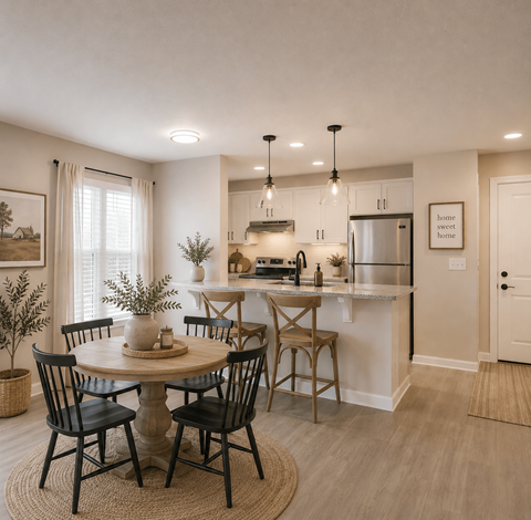 A kitchen with a table and chairs in the foreground and a fridge in the background.