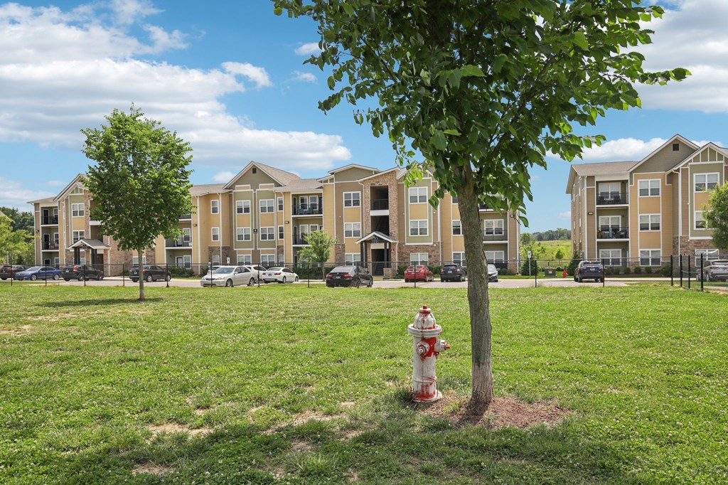 A fire hydrant is in the foreground of a grassy area in front of apartment buildings at Venue at 109 Apartments, Tennessee