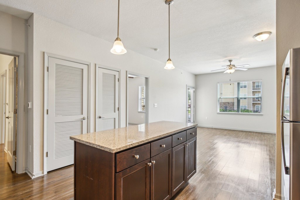 A kitchen with a granite countertop and wooden cabinets at Venue at 109 Apartments, Lebanon , TN, 37090