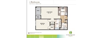 A floor plan of a one bedroom apartment with a living room, kitchen, bath, and laundry area.