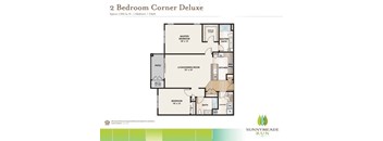 A floor plan for a 2 Bedroom Corner Deluxe apartment.