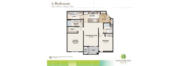 A floor plan of a 2 bedroom apartment with a living/dining room, kitchen, and bathrooms.