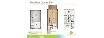 A floor plan for a townhome interior unit with three bedrooms, two bathrooms, and a car garage.