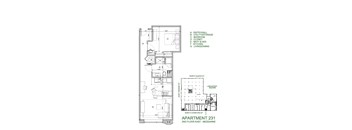Apartment 231 floor plan with rooms labeled A to G.