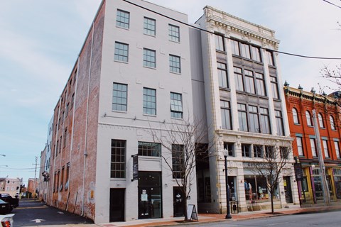 A street view of a building with a tree in front of it.