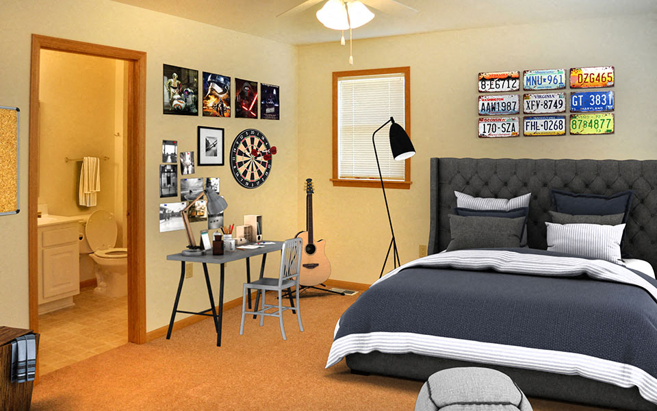 a bedroom with a bed and a desk and a toilet