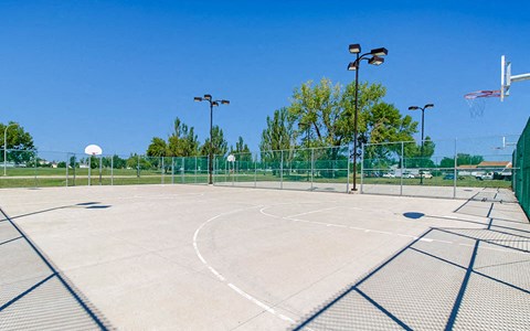 a basketball court at a park on a clear day