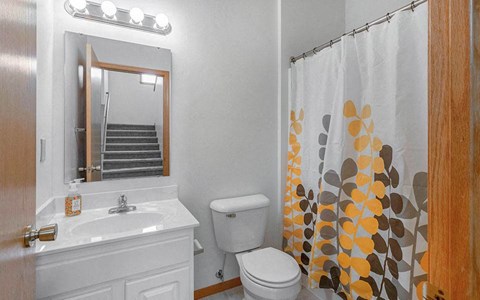 a bathroom with a shower curtain and a toilet and a sink