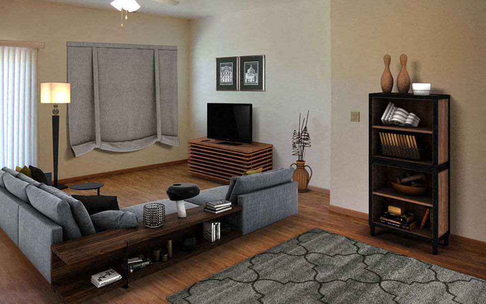 a living room with a couch and a television