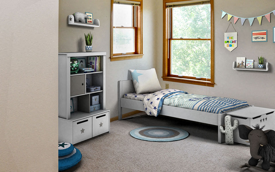 a childs bedroom with a bed and a book shelf