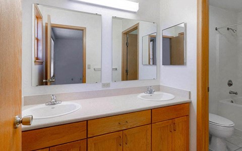 a bathroom with two sinks and three mirrors