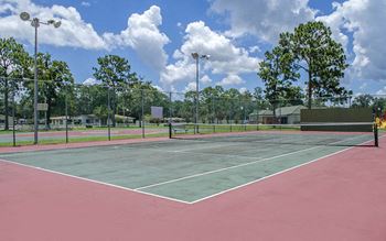 a tennis court with a fence and trees