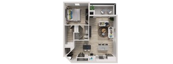 A 3D floor plan of a small apartment with a kitchen, living room, and bedroom.