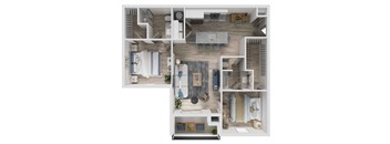 A 3D floor plan of a house showing a kitchen, living room, and bathroom.