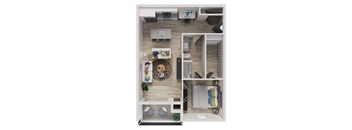 A top-down view of a small apartment with a kitchen, living room, and bedroom.