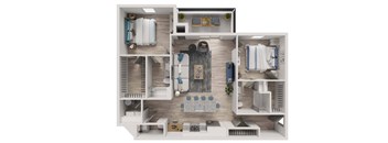 A 3D floor plan of a small apartment with a bedroom, living room, and kitchen.