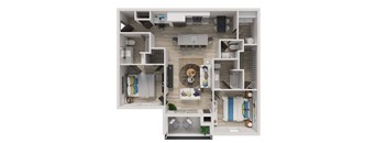 A 3D floor plan of a small apartment with a kitchen, living room, and bedrooms.